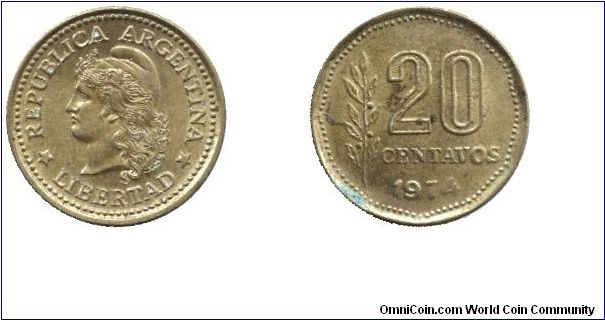 Argentina, 20 centavos, 1974, Brass, Libertad.                                                                                                                                                                                                                                                                                                                                                                                                                                                                      