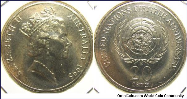 Australia 1995 20 cents, commemorating the 50th anniversary of the UN. Special thanks to nancyc!