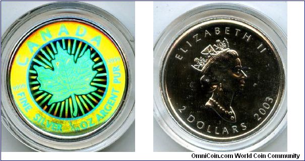 2003 
$2 1/4oz 
Maple leaf Hologram
QEII