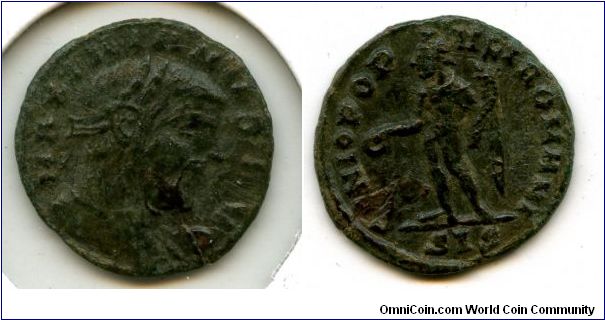 Maximianus 286 - 305 & 306 - 308 & 310 A.D.
AE Follis. 
Obverse: MAXIMIANVS AVG, laureate head right. 
Reverse: GENIO POPVLI ROMANI, Genius standing left, modius on head, holding patera and cornucopiae, SIS in ex. 
Siscia Mint