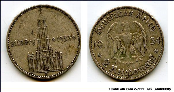 1934J
2M 
Potsdam Garrison Church
Dated on front March 1933
German Eagle flanked by swastikas
Mint Mrk J = Hamburg