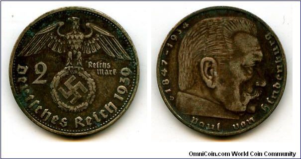 1939D 
2 Marks
German Eagle cluthing Swastika
Paul Von Hindenburg
Mint Mrk D = Munich