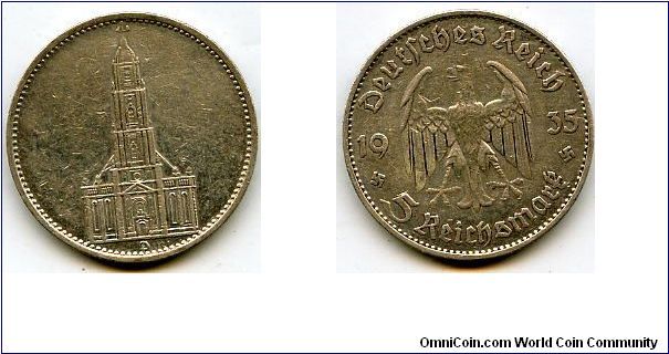 1935D
5M Church
Potsdam Garrison Church
German Eagle flanked by swastikas
Mint Mrk D = Munich