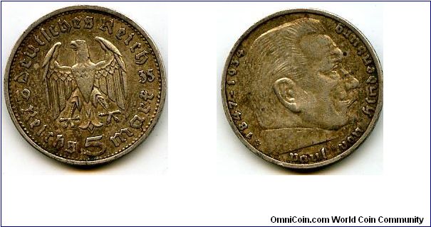 1935E
5 Marks 
German Eagle 
Paul Von Hindenburg
Mint Mrk E = Muldenhutten