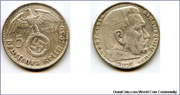 1936G
5 Marks 
German Eagle cluthing Swastika
Paul Von HindenburgMint 
Mrk G = Karlsruhe