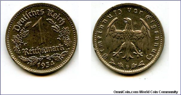 1934D
1 ReichMark
Value in wreath
German Eagle
Mint Mrk D = Munich