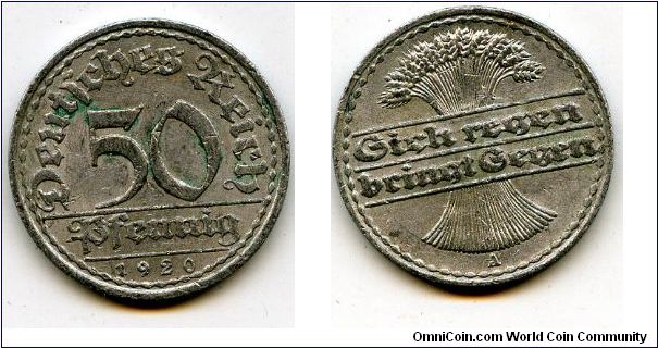 1920A
50pf
Value
Wheat Sheaf
Mint Mrk A = Berlin