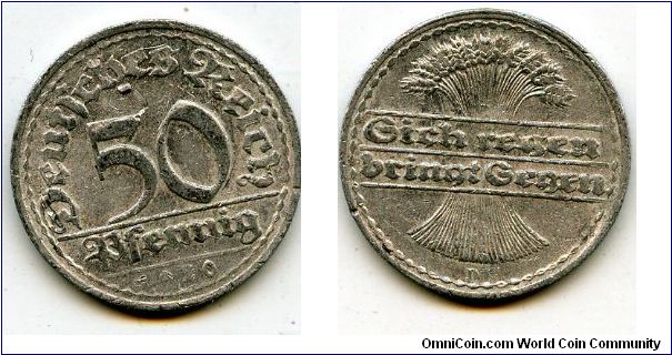1920D
50pf
Value
Wheat Sheaf
Mint Mrk D = Munich