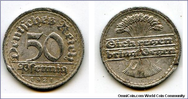 1921G
50pf
Value
Wheat Sheaf
Mint Mrk G = Karlsruhe