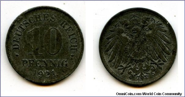 1921 Iron
10pf
Value
German Imperial Eagle
Cant see a Mint Mark, it is possible that it might be a mule with Polish reverse Y#6? as 1921 was minted in Berlin only