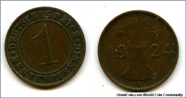 1pf
1924A
Value
Sheaf of Wheat
Mint Mrk A = Berlin