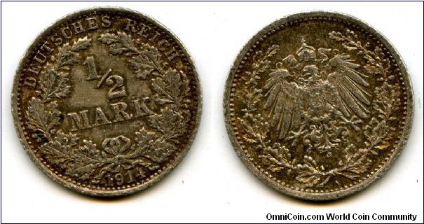 1/2 Mark
1914A
Value in wreath
German Imperial Eagle
Mint Mrk A = Berlin