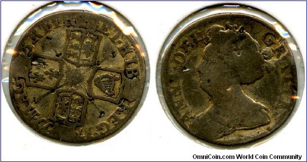 1711
6d Six Pence
Cruciform shilds with garter star in center
Queen Anne 1702-1714