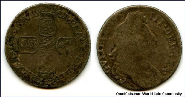 1696
1/- 1 Shilling
Cruciform shilds with Dutch lion in center
William III 1694-1702
Third bust I think