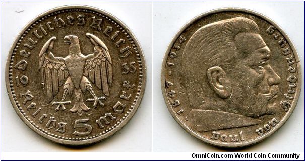 1935A
5 Marks 
German Eagle 
Paul Von Hindenburg
Mint Mrk A = Berlin