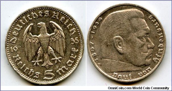 1935D
5 Marks 
German Eagle 
Paul Von Hindenburg
Mint Mrk D = Munich
