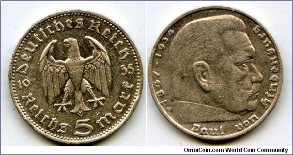 1935D
5 Marks 
German Eagle 
Paul Von Hindenburg
Mint Mrk D = Munich