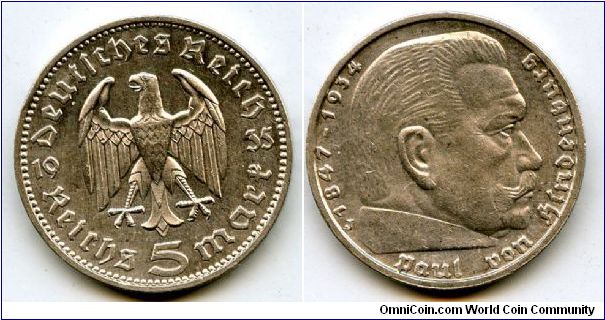 1935J
5 Marks 
German Eagle 
Paul Von Hindenburg
Mint Mrk J = Hamburg