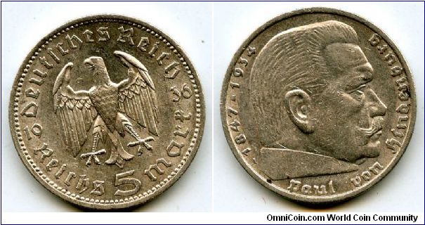 1936A
5 Marks 
German Eagle 
Paul Von Hindenburg
Mint Mrk A = Berlin