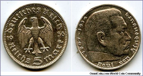 1936D
5 Marks 
German Eagle 
Paul Von Hindenburg
Mint Mrk D = Munich