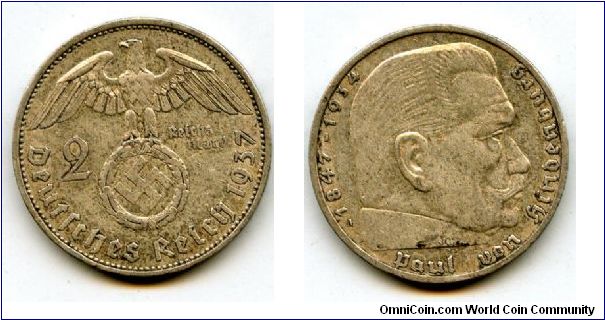 1937A 
2 Marks
German Eagle cluthing Swastika
Paul Von Hindenburg
Mint Mrk A = Berlin