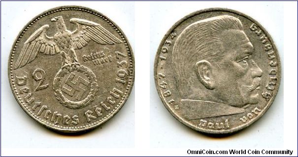 1937E 
2 Marks
German Eagle cluthing Swastika
Paul Von Hindenburg
Mint Mrk E = Muldenhutten