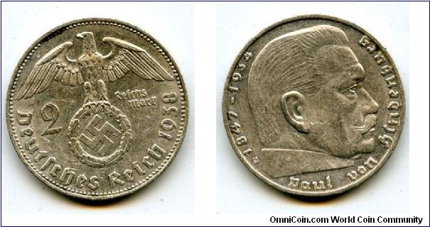1938E 
2 Marks
German Eagle cluthing Swastika
Paul Von Hindenburg
Mint Mrk E = Muldenhutten