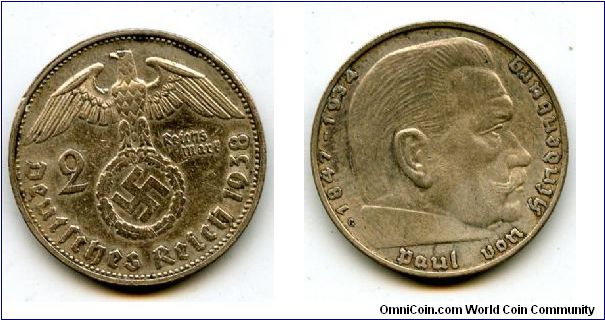 1938G 
2 Marks
German Eagle cluthing Swastika
Paul Von Hindenburg
Mint Mrk G = Karlsruhe