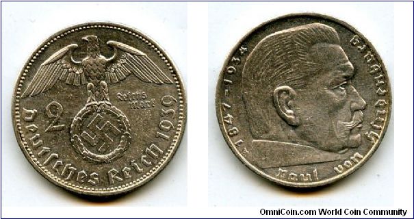 1939A 
2 Marks
German Eagle cluthing Swastika
Paul Von Hindenburg
Mint Mrk A = Berlin