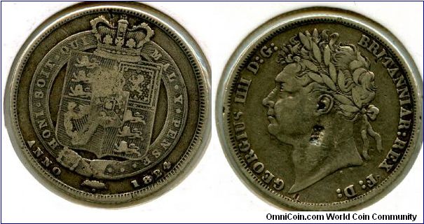 1824
1/- Shilling
Shield in Garter
George IV 1820-1830
Looks like a counterpunch to the neck, possibly a jewlers mark