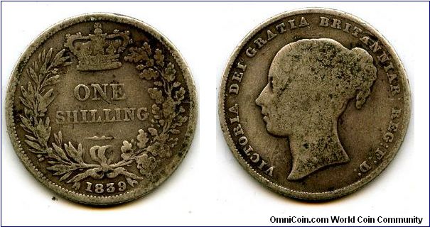 1839
Young head T2
1/- Shilling
Value in wreath
Victoria 1837-1901