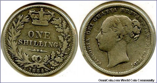 1884
Young head T4
1/- Shilling
Value in wreath
Victoria 1837-1901