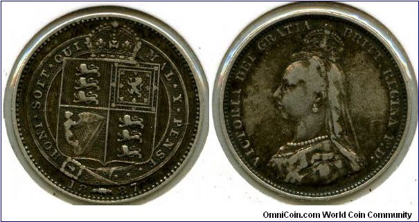 1887
Jubilee Issue small head
1/- Shilling
Shield in Garter
Victoria 1837-1901