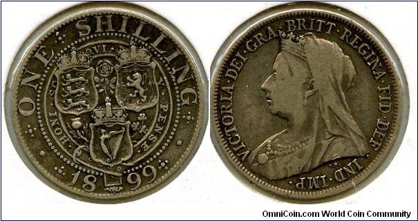 1899
Old head
1/- Shilling
Three shield within Garter
Victoria 1837-1901