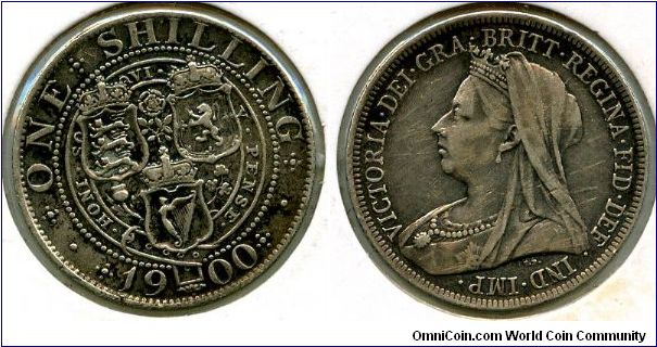 1900
Old head
1/- Shilling
Three shield within Garter
Victoria 1837-1901