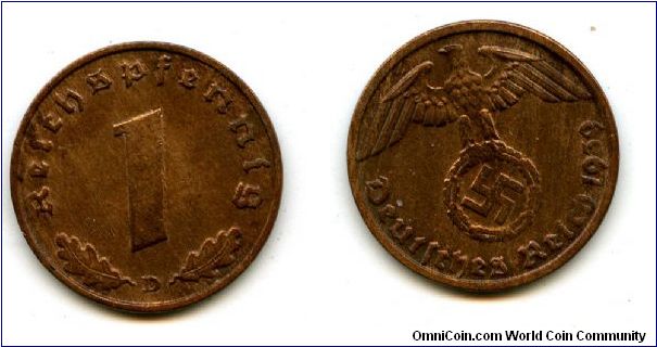 1939D
1pf
Value
German Eagle cluthing Swastika
Mint Mrk D = Munich