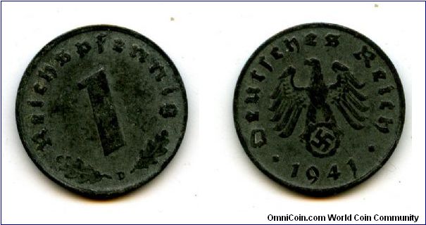 1941D
1pf
Value
German Eagle cluthing Swastika
Mint Mrk D = Munich