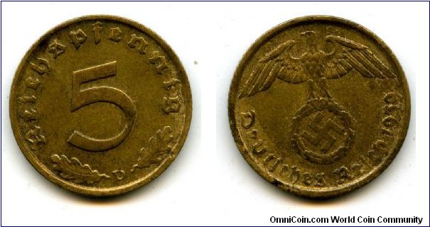 1939D
5pf
Value
German Eagle cluthing Swastika
Mint Mrk D = Munich