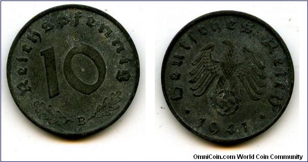 1941b
10pf
Value
German Eagle cluthing Swastika
Mint Mrk B = Vienna