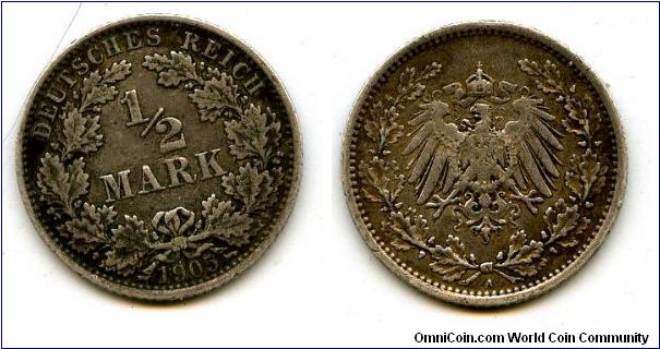 1905A
1/2 Mark
Value in Wreath
German Imperial Eagle 
Mint Mrk A = Berlin
