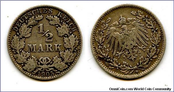 1905D
1/2 Mark
Value in Wreath
German Imperial Eagle 
Mint Mrk D = Munich