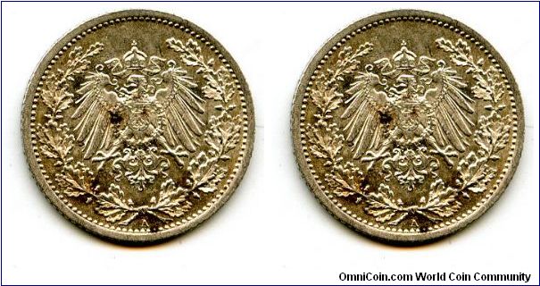 1906A
1/2 Mark
Value in Wreath
German Imperial Eagle 
Mint Mrk A = Berlin
