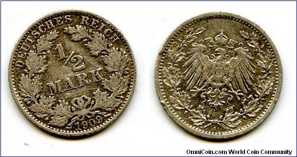 1909A
1/2 Mark
Value in Wreath
German Imperial Eagle 
Mint Mrk A = Berlin