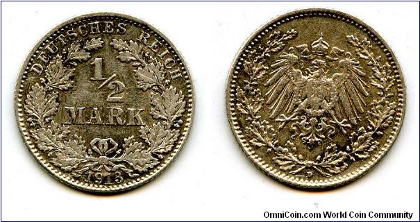1913D
1/2 Mark
Value in Wreath
German Imperial Eagle 
Mint Mrk D = Munich