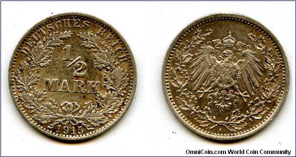 1915A
1/2 Mark
Value in Wreath
German Imperial Eagle 
Mint Mrk A = Berlin