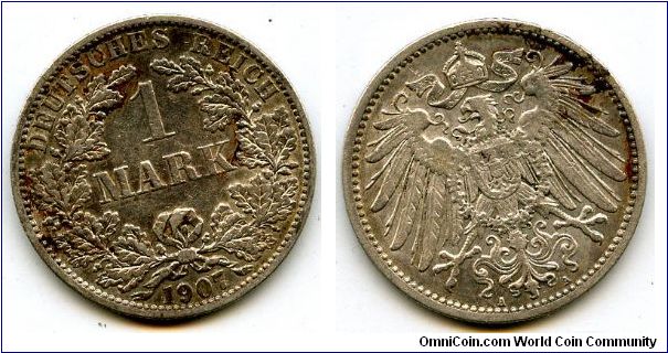 1907A
1 Mark
Value in Wreath
German Imperial Eagle 
Mint Mrk A = Berlin