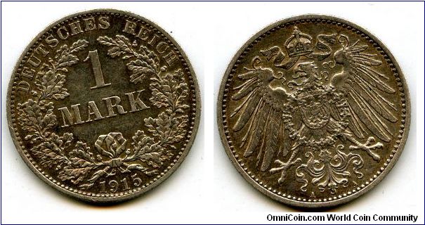 1915A
1 Mark
Value in Wreath
German Imperial Eagle 
Mint Mrk A = Berlin