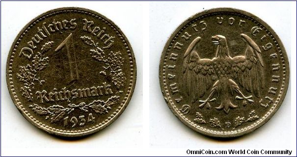 1934D
1 Reichsmark
Value in Wreath
German Imperial Eagle 
Mint Mrk D = Munich
