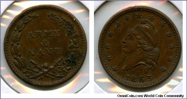 1863
American Civil War Token
Army & Navy in center of wreath & crossed sabres at bottom
Liberty Head