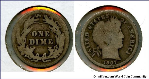 1907
1 Dime
Value in wreath
Liberty head